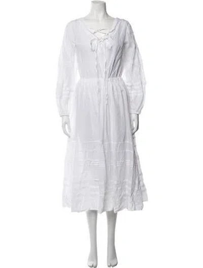 Pre-owned Merlette Tie Neck Midi Length Dress In White