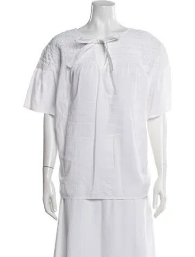 Pre-owned Merlette Tie Neck Short Sleeve Blouse In White