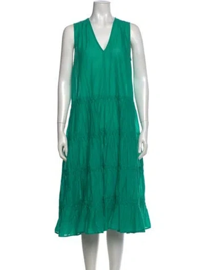 Pre-owned Merlette V-neck Midi Length Dress In Green