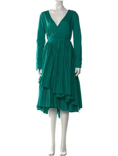Pre-owned Merlette V-neck Midi Length Dress In Green