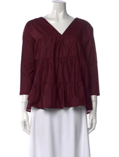 Pre-owned Merlette V-neck Three-quarter Sleeve Blouse In Burgundy