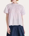 Merlette Women's Bejart Smocked Cotton Ruffle-neck Top In Purple