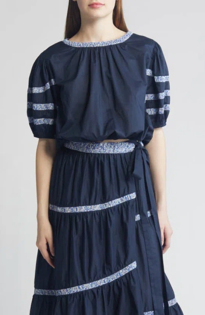 Merlette X Liberty London Magere Puff Sleeve Cotton Lawn Top In Navy/ Liberty Blue Print