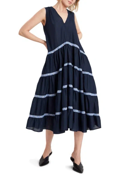 Merlette X Liberty London Wallis Sleeveless Cotton Lawn Dress In Navy/ Liberty Blue Print