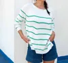Mersea Camden Crewneck Sweater In White/ Jade Stripe In White