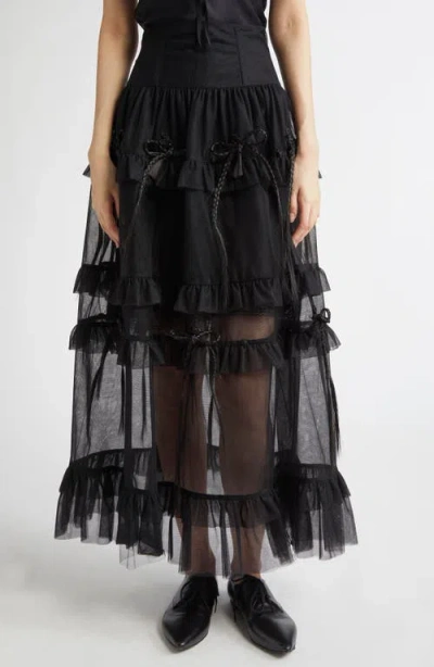 Meruert Tolegen Corset Waist Tiered Maxi Skirt With Faux Hair Bows In Black Tulle