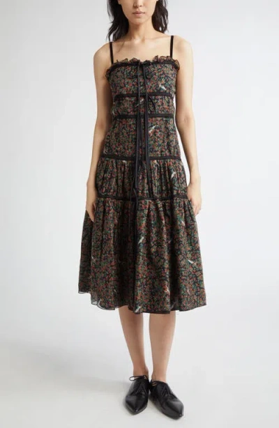 Meruert Tolegen Floral Tiered Chiffon Midi Dress In Floral Print Cotton Silk