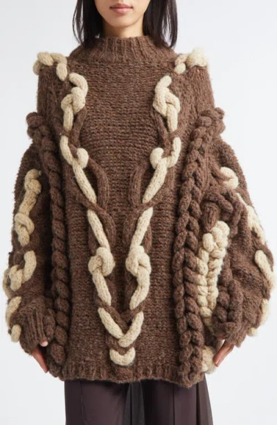 Meruert Tolegen Oversize Cable Knit Baby Alpaca & Merino Wool Blend Sweater In Brown