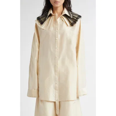 Meruert Tolegen Tulle Trim Oversize Taffeta Shirt In Cream Silk Taffeta