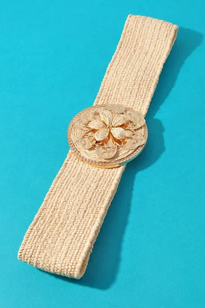 Merveille Women's Center Flower Straw Belt In Beige In Sand