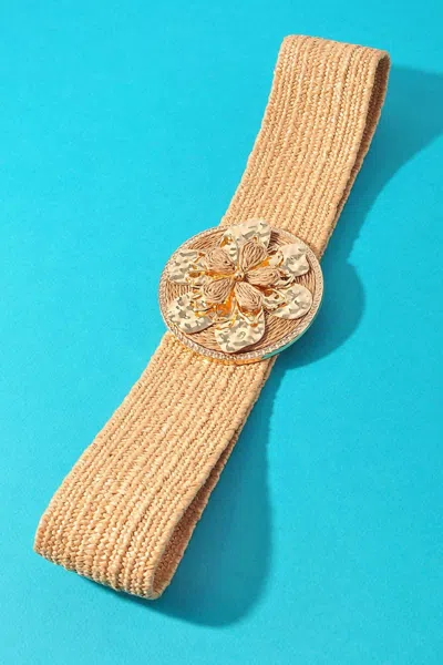 Merveille Women's Center Flower Straw Belt In Khaki In Green