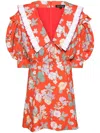 Meryll Rogge Floral Ruffle Collar Puff Sleeve Cotton Top In Red