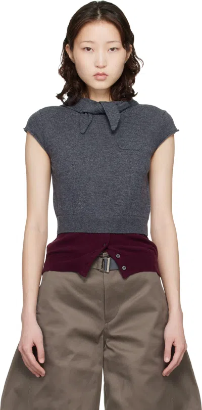 Meryll Rogge Gray & Burgundy Crew Neck Cap Sleeve Bandana Sweater