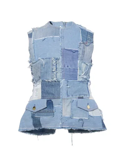 Meryll Rogge Patchwork Frayed-edge Top In Blue