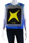 Meryll Rogge Womens Sleeveless Fringes Graphic Satin Top Blouse Blue In Blue