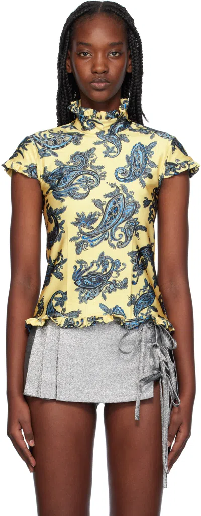 Meryll Rogge Yellow Short Sleeve Ruffle Top In Pale Yellow