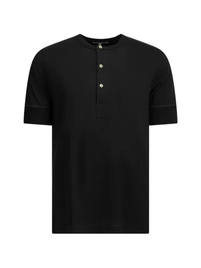 Merz B Schwanen 103 Maco-imit Button-placket Ribbed-cuff T-shirt In Black