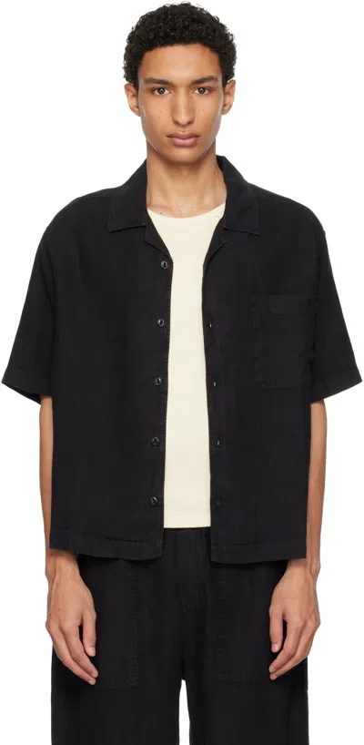 Merz B Schwanen Black Linen Bowling Shirt