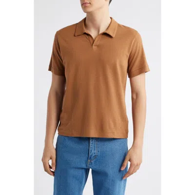 Merz B Schwanen Johnny Collar Linen & Organic Cotton Polo In Brown