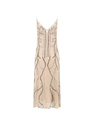 Mes Demoiselles Breny Bead-embellished V-neck Midi Dress In Neutral