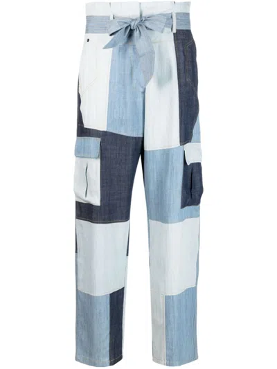 Mes Demoiselles Denim Patchwork Paperbag-waist Trousers In Blau
