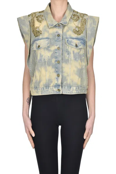 Mes Demoiselles Embellished Denim Gilet In Green