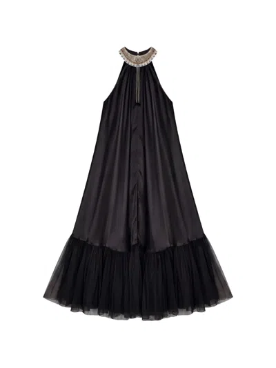 Mes Demoiselles Embellished Tulle-trim Maxi Dress In Black