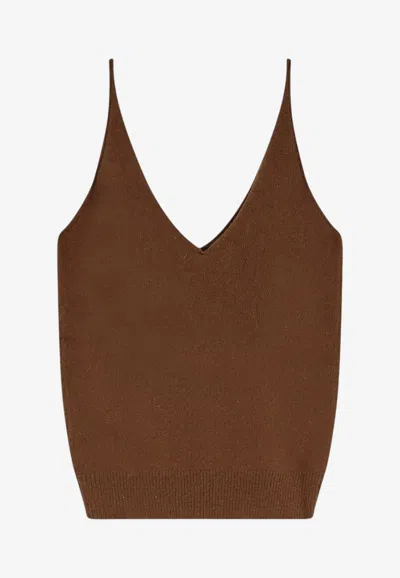 Mes Demoiselles Fluff V-neck Knit Top In Brown