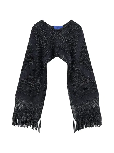 Mes Demoiselles Fringe-trimmed Metallic-knit Poncho In Gray