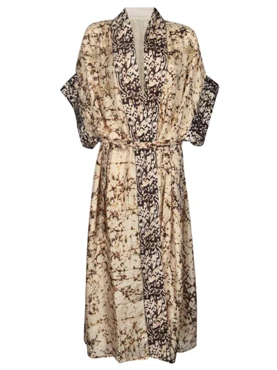 Mes Demoiselles Laced Waist Printed Robe Dress In Cream/brown