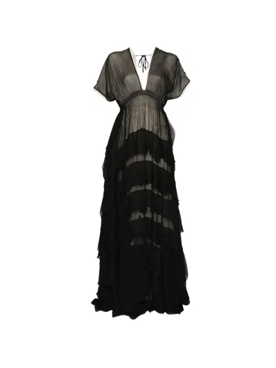 Mes Demoiselles Long Dress "charlotte" With V-neck And Ruffles In Black