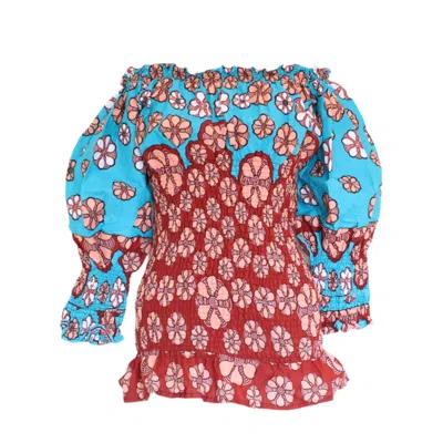 Mèsan Women's Blue / Red Floral Cotton Mini Dress Red And Blue