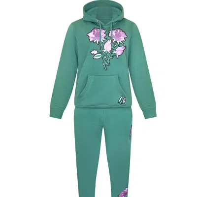 Mèsan Women's Floral Organic Cotton Sweatshirt With Matching Pants Green