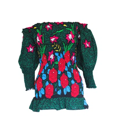 Mèsan Women's Green / Red Flower Garden Cotton Mini Dress Green In Multi