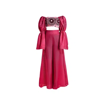 Mèsan Women's Pink / Purple Pink Co Ord Set With Bubble Sleeves In Pink/purple