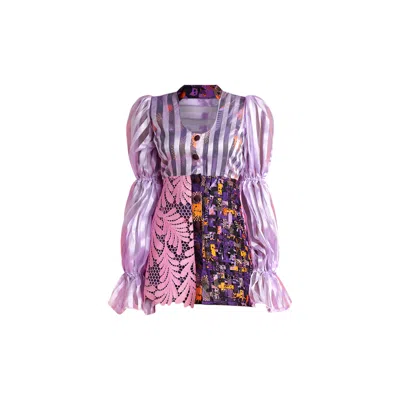 Mèsan Women's Pink / Purple / Yellow Whimsical Dress With Long Bubble Sleeves Purple And Lilac In Pink/purple/yellow