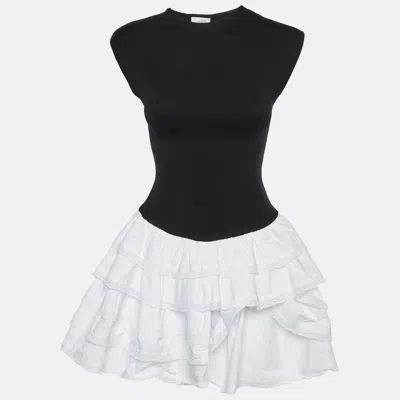 Meshki Black/white Knit And Cotton Ruffle Mini Dress