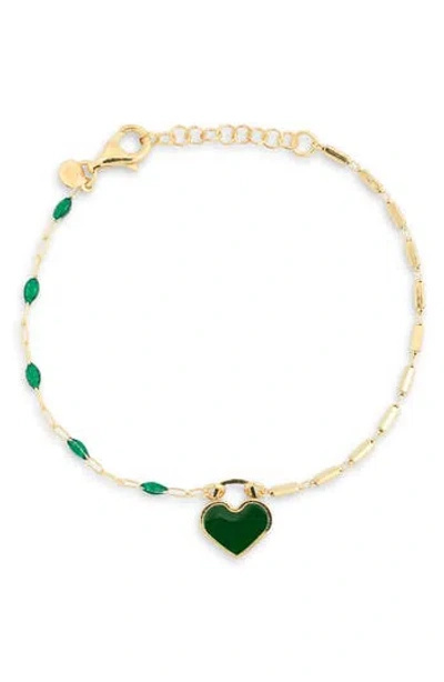 Meshmerise Cz Enamel Heart Chain Bracelet In Yellow/green
