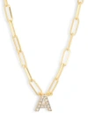 Meshmerise Diamond Initial Charm Paper Clip Chain Necklace In Yellow-a