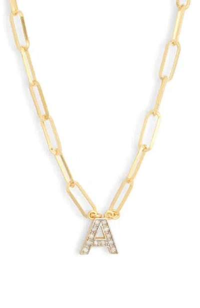 Meshmerise Diamond Initial Charm Paper Clip Chain Necklace In Yellow-a