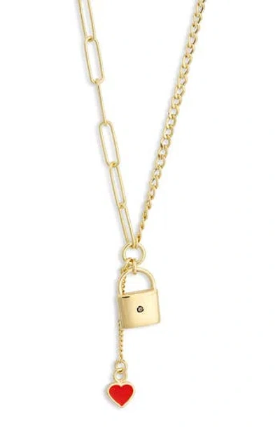 Meshmerise Heart & Lock Drop Pendant Necklace In Gold