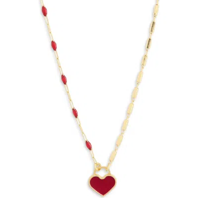 Meshmerise Mixed Station Chain Heart Pendant Necklace In Red