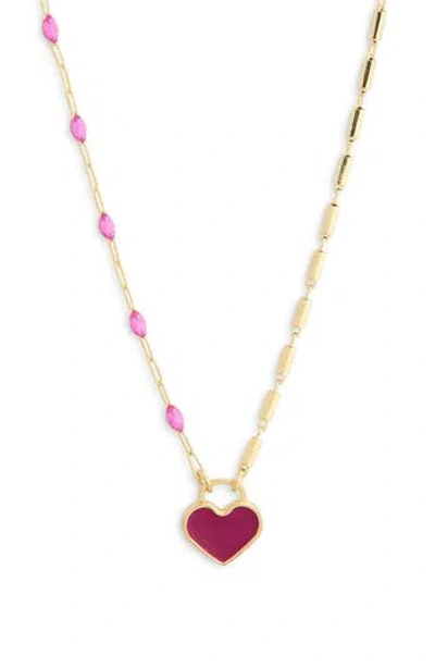 Meshmerise Mixed Station Chain Heart Pendant Necklace In Gold