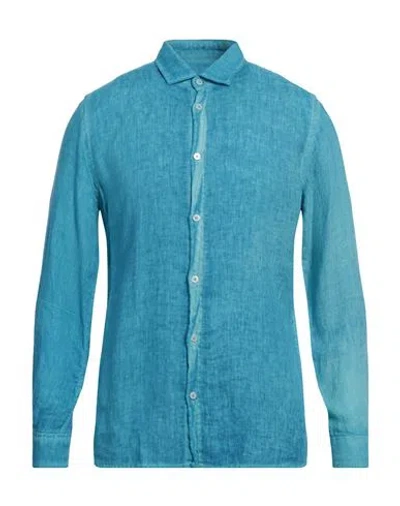 Messagerie Man Shirt Turquoise Size 17 Linen In Blue
