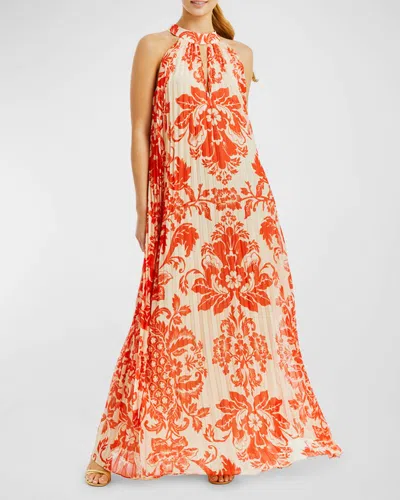 Mestiza New York Almeria Pleated Floral-print Halter Gown In Red Ivory