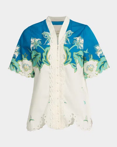 Mestiza New York Cortez Scalloped Floral-print Cotton Shirt In Blue