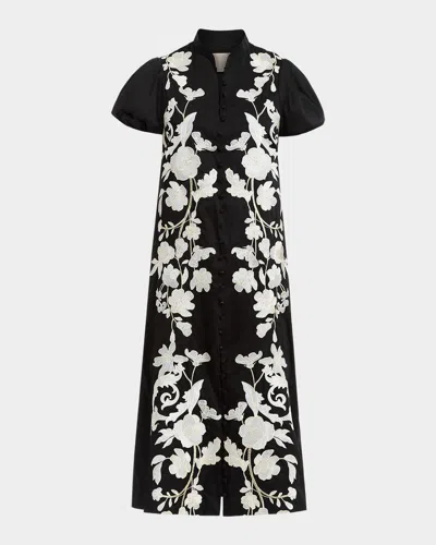 Mestiza New York Elliana Embroidered Applique Midi Dress In Black