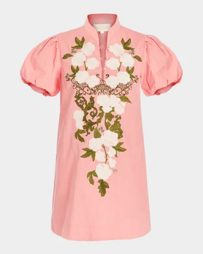 Mestiza New York Elliana Puff-sleeve Embroidered Mini Dress In Watermelon Pink