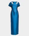 Mestiza New York Eve Cape Silk Twill Column Gown In Blue