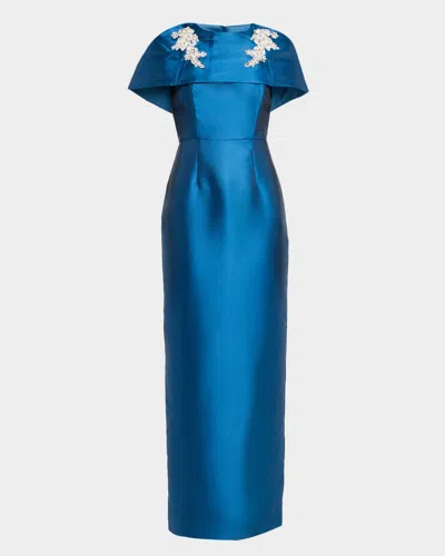 Mestiza New York Eve Cape Silk Twill Column Gown In Blue